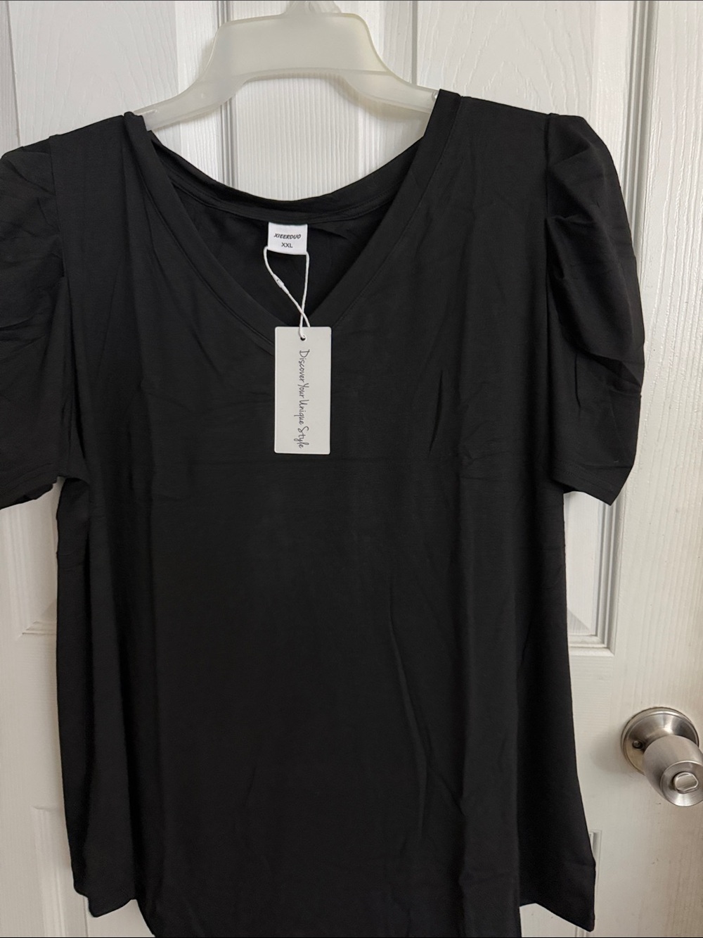Black V-Neck Short Sleeve Top with Puff Sleeve Detail